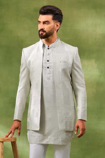 Spring Break_Cream Silk, Cotton Satin Embroidery Bandhgala And Kurta Set _Online_at_Aza_Fashions