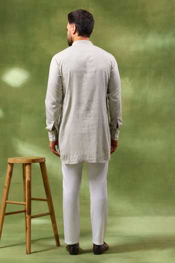 Shop_Spring Break_Cream Silk, Cotton Satin Embroidery Bandhgala And Kurta Set _Online_at_Aza_Fashions
