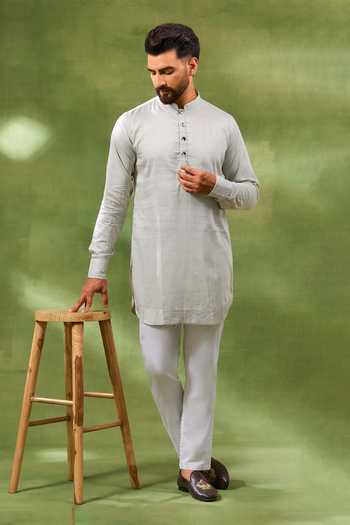 Spring Break_Cream Silk, Cotton Satin Embroidery Bandhgala And Kurta Set _at_Aza_Fashions