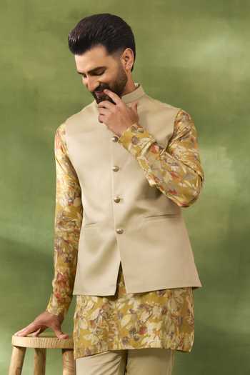 Spring Break_Beige Cotton Satin, Silk Floral Print Bundi And Kurta Set _Online_at_Aza_Fashions
