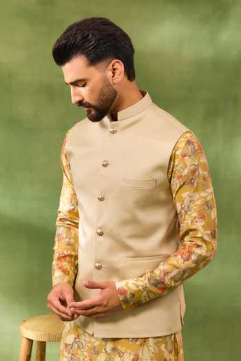 Shop_Spring Break_Beige Cotton Satin, Silk Floral Print Bundi And Kurta Set _Online_at_Aza_Fashions