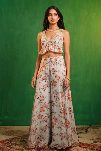 Ahi Clothing_Sky Blue Organza V-neck Floral Print Blouse And Sharara Set _Online_at_Aza_Fashions