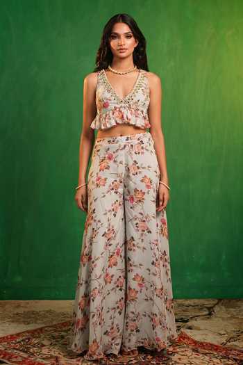 Buy_Ahi Clothing_Sky Blue Organza V-neck Floral Print Blouse And Sharara Set _Online_at_Aza_Fashions