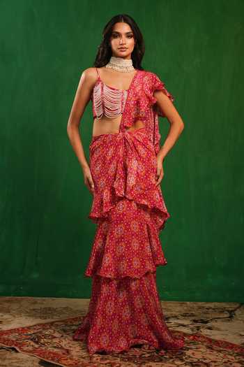 Buy_Ahi Clothing_Fuchsia Crepe Scoop Neck Mandla Print Ruffle Pre-draped Saree With Blouse _Online_at_Aza_Fashions