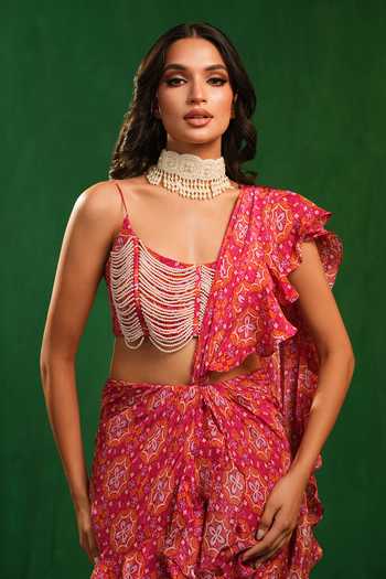 Ahi Clothing_Fuchsia Crepe Scoop Neck Mandla Print Ruffle Pre-draped Saree With Blouse _at_Aza_Fashions