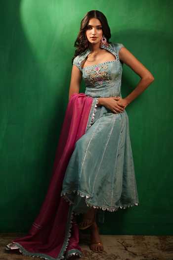Ahi Clothing_Blue Silk, Tissue Square Neck Embroidered Anarkali Palazzo Set _Online_at_Aza_Fashions