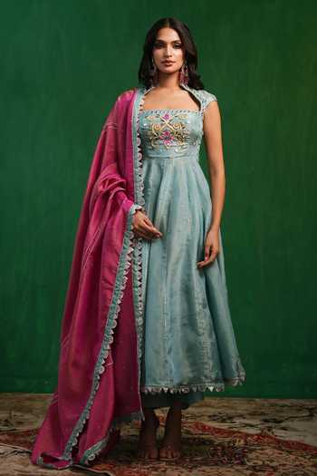 Buy_Ahi Clothing_Blue Silk, Tissue Square Neck Embroidered Anarkali Palazzo Set _Online_at_Aza_Fashions