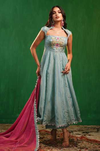 Shop_Ahi Clothing_Blue Silk, Tissue Square Neck Embroidered Anarkali Palazzo Set _Online_at_Aza_Fashions