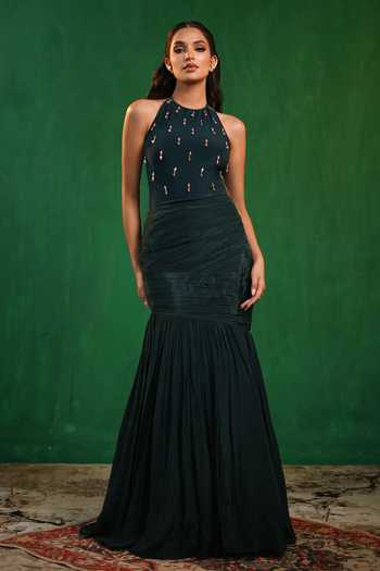 Shop_Ahi Clothing_Green Crepe, Lycra Stones, Crystals Halter Bodysuit And Draped Mermaid Skirt Set _Online_at_Aza_Fashions
