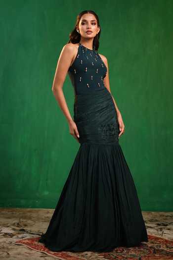 Ahi Clothing_Green Crepe, Lycra Stones, Crystals Halter Bodysuit And Draped Mermaid Skirt Set _at_Aza_Fashions