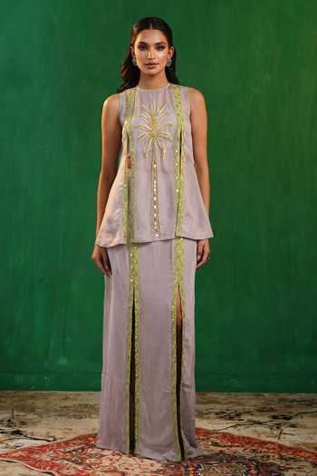 Ahi Clothing_Green Organza, Crepe Round Neck, Yes Tropical Embroidered Kurta And Skirt Set _Online_at_Aza_Fashions