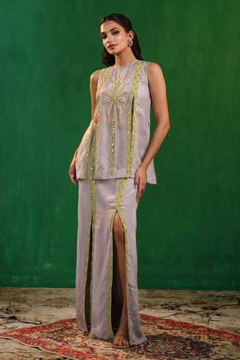 Shop_Ahi Clothing_Green Organza, Crepe Round Neck, Yes Tropical Embroidered Kurta And Skirt Set _Online_at_Aza_Fashions