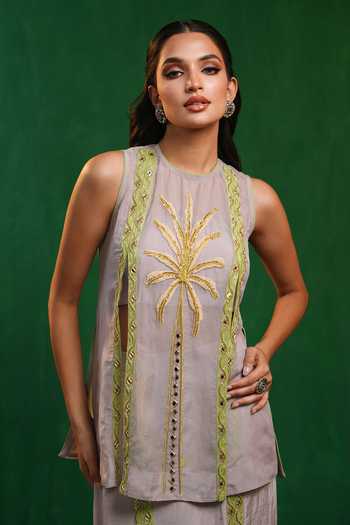 Ahi Clothing_Green Organza, Crepe Round Neck, Yes Tropical Embroidered Kurta And Skirt Set _at_Aza_Fashions