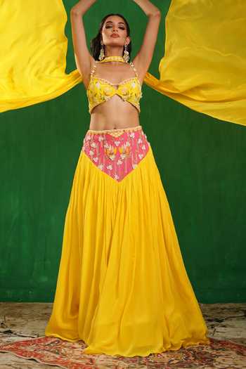 Ahi Clothing_Pink Crepe Sweetheart Neck Colorblock Embroidered Lehenga Set _Online_at_Aza_Fashions