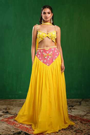 Buy_Ahi Clothing_Pink Crepe Sweetheart Neck Colorblock Embroidered Lehenga Set _Online_at_Aza_Fashions