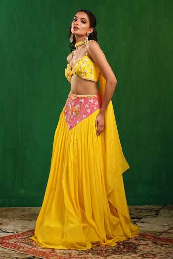 Shop_Ahi Clothing_Pink Crepe Sweetheart Neck Colorblock Embroidered Lehenga Set _Online_at_Aza_Fashions