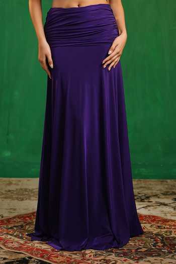 Ahi Clothing_Purple Lycra Pearls, Fringe Sweetheart Neck Draped Corset Skirt Set _Online_at_Aza_Fashions