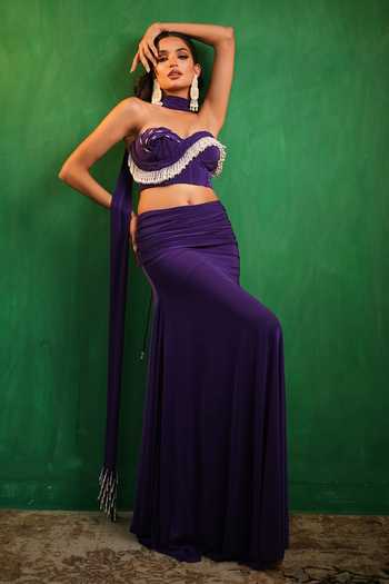 Buy_Ahi Clothing_Purple Lycra Pearls, Fringe Sweetheart Neck Draped Corset Skirt Set _Online_at_Aza_Fashions