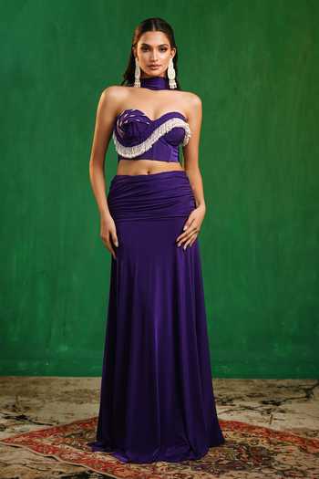 Shop_Ahi Clothing_Purple Lycra Pearls, Fringe Sweetheart Neck Draped Corset Skirt Set _Online_at_Aza_Fashions
