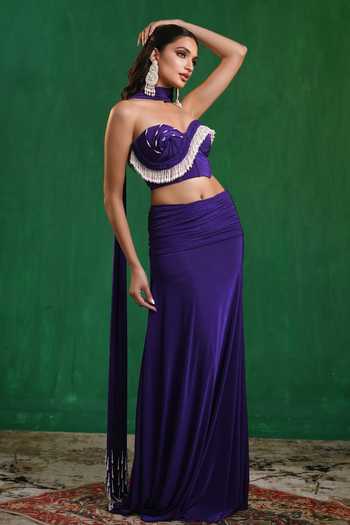 Ahi Clothing_Purple Lycra Pearls, Fringe Sweetheart Neck Draped Corset Skirt Set _at_Aza_Fashions
