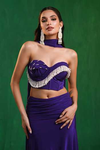 Buy_Ahi Clothing_Purple Lycra Pearls, Fringe Sweetheart Neck Draped Corset Skirt Set 