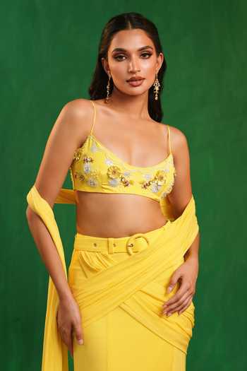Ahi Clothing_Yellow Crepe, Net, Lycra Scoop Neck Pre-draped Saree With Embroidered Blouse _Online_at_Aza_Fashions
