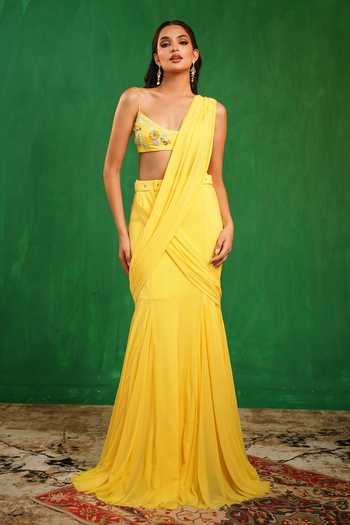 Buy_Ahi Clothing_Yellow Crepe, Net, Lycra Scoop Neck Pre-draped Saree With Embroidered Blouse _Online_at_Aza_Fashions