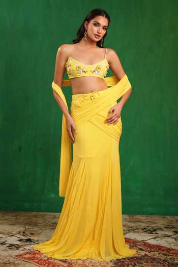 Shop_Ahi Clothing_Yellow Crepe, Net, Lycra Scoop Neck Pre-draped Saree With Embroidered Blouse _Online_at_Aza_Fashions