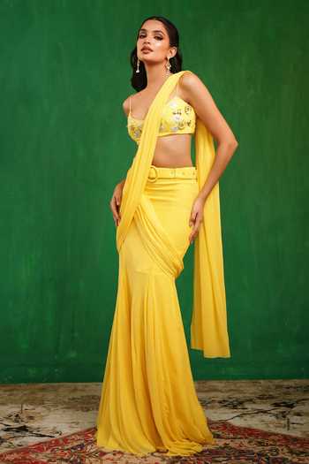 Ahi Clothing_Yellow Crepe, Net, Lycra Scoop Neck Pre-draped Saree With Embroidered Blouse _at_Aza_Fashions