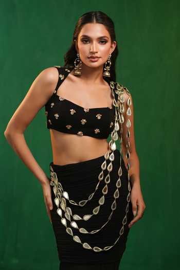 Buy_Ahi Clothing_Black Crepe, Net, Lycra Sweetheart Neck Mirror Work Pre-draped Saree With Blouse _Online_at_Aza_Fashions