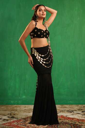 Shop_Ahi Clothing_Black Crepe, Net, Lycra Sweetheart Neck Mirror Work Pre-draped Saree With Blouse _Online_at_Aza_Fashions
