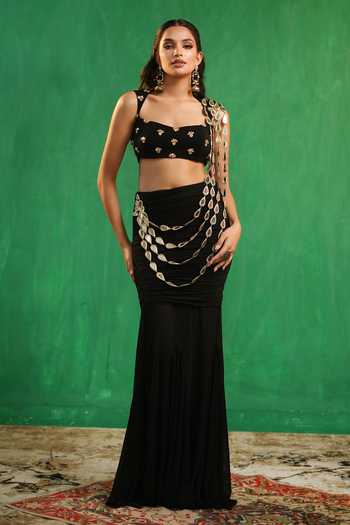 Ahi Clothing_Black Crepe, Net, Lycra Sweetheart Neck Mirror Work Pre-draped Saree With Blouse _at_Aza_Fashions