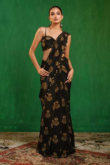 Shop_Ahi Clothing_Black Organza, Crepe Sweetheart Pineapple Print Pre-draped Saree Set With Cape _Online_at_Aza_Fashions