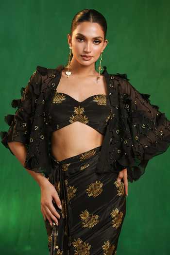Ahi Clothing_Black Organza, Crepe Sweetheart Pineapple Print Pre-draped Saree Set With Cape _at_Aza_Fashions