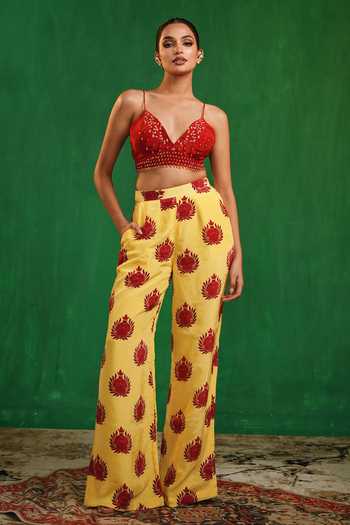 Ahi Clothing_Red Crepe V-neck Pomegranate Print Pant Set _Online_at_Aza_Fashions