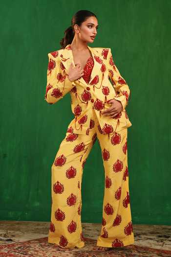 Buy_Ahi Clothing_Red Crepe V-neck Pomegranate Print Pant Set _Online_at_Aza_Fashions