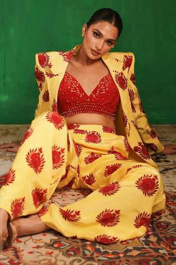 Shop_Ahi Clothing_Red Crepe V-neck Pomegranate Print Pant Set _Online_at_Aza_Fashions