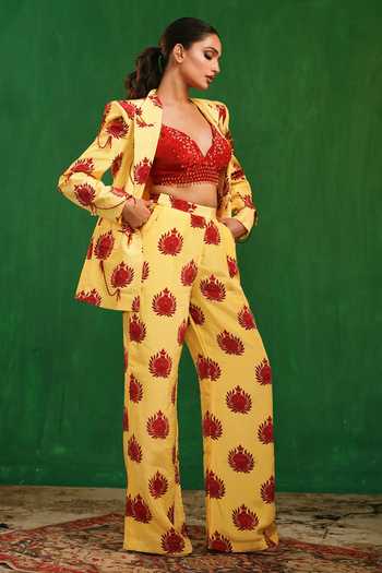 Ahi Clothing_Red Crepe V-neck Pomegranate Print Pant Set _at_Aza_Fashions