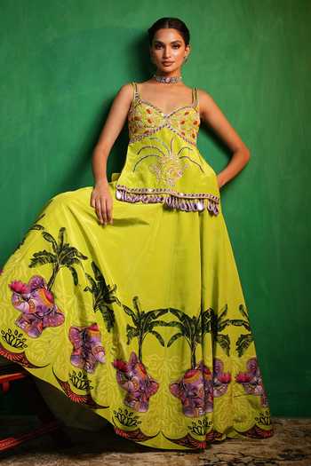 Shop_Ahi Clothing_Green Crepe Sweetheart Neck Elephant Print Lehenga And Kurta Set _Online_at_Aza_Fashions
