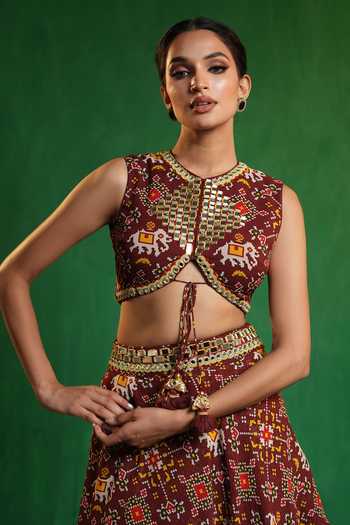 Ahi Clothing_Maroon Georgette High Neck Patola Print Lehenga And Blouse Set _Online_at_Aza_Fashions
