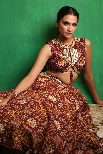 Buy_Ahi Clothing_Maroon Georgette High Neck Patola Print Lehenga And Blouse Set _Online_at_Aza_Fashions