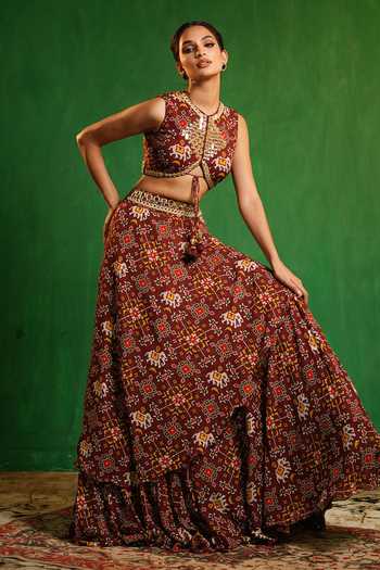 Shop_Ahi Clothing_Maroon Georgette High Neck Patola Print Lehenga And Blouse Set _Online_at_Aza_Fashions