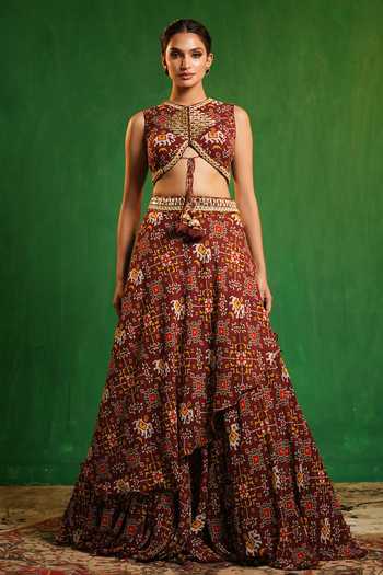 Ahi Clothing_Maroon Georgette High Neck Patola Print Lehenga And Blouse Set _at_Aza_Fashions