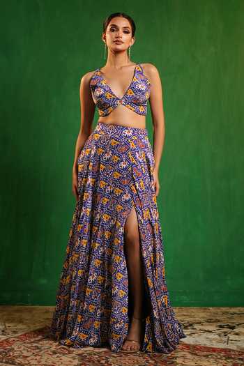 Ahi Clothing_Blue Crepe V-neck Patola Print Cape Lehenga Set _Online_at_Aza_Fashions