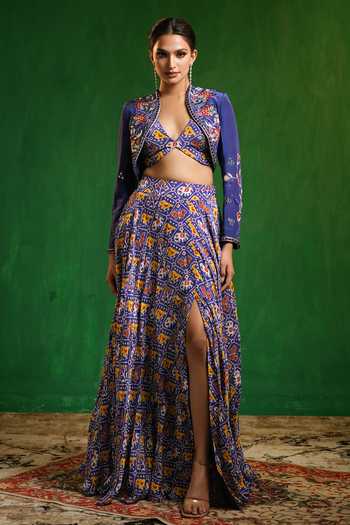Shop_Ahi Clothing_Blue Crepe V-neck Patola Print Cape Lehenga Set _Online_at_Aza_Fashions