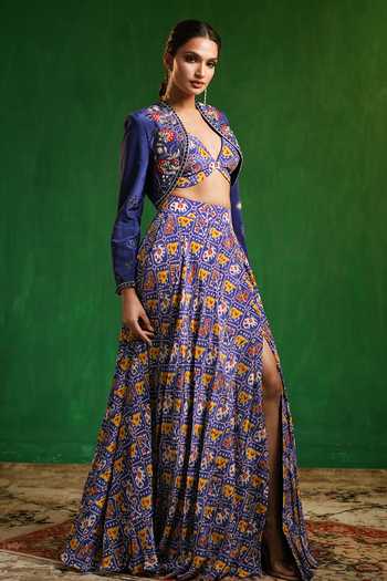 Ahi Clothing_Blue Crepe V-neck Patola Print Cape Lehenga Set _at_Aza_Fashions