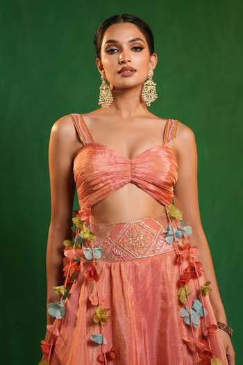 Ahi Clothing_Pink Silk, Tissue Sweetheart Neck Layered Skirt And Blouse Set _Online_at_Aza_Fashions
