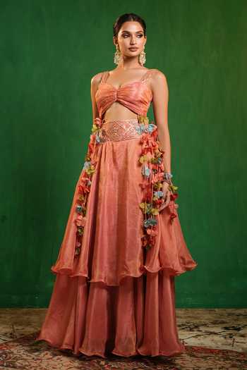 Buy_Ahi Clothing_Pink Silk, Tissue Sweetheart Neck Layered Skirt And Blouse Set _Online_at_Aza_Fashions