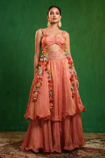 Shop_Ahi Clothing_Pink Silk, Tissue Sweetheart Neck Layered Skirt And Blouse Set _Online_at_Aza_Fashions