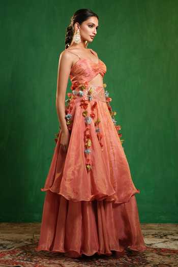 Ahi Clothing_Pink Silk, Tissue Sweetheart Neck Layered Skirt And Blouse Set _at_Aza_Fashions